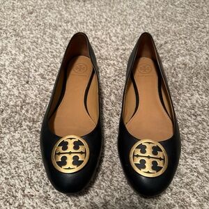 Tory Burch Black Flats with Gold Emblem
